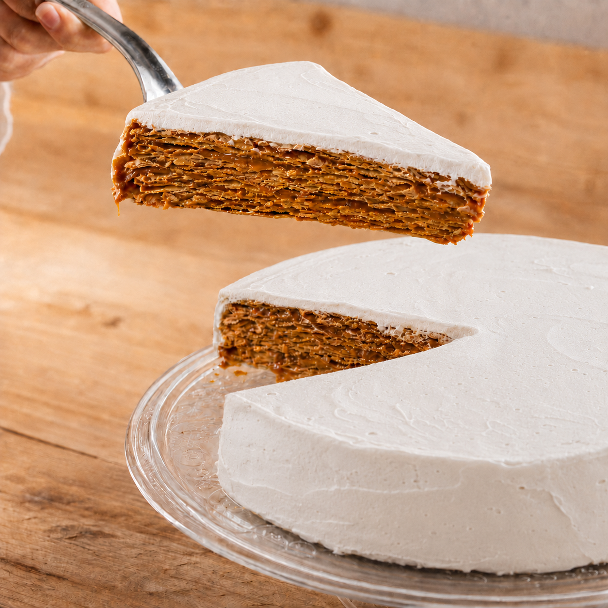 Porción de Rogel mostrando sus capas finas y dulce de leche